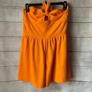 Wild Fable Orange Terry Cloth Romper Short Outfit Bow Front Keyhole Halter Tie S
